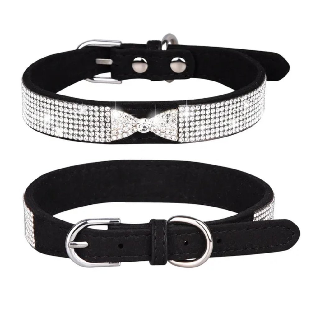 Bling Rhinestone Diamond Bow Pet Collar in Black NEW Size S